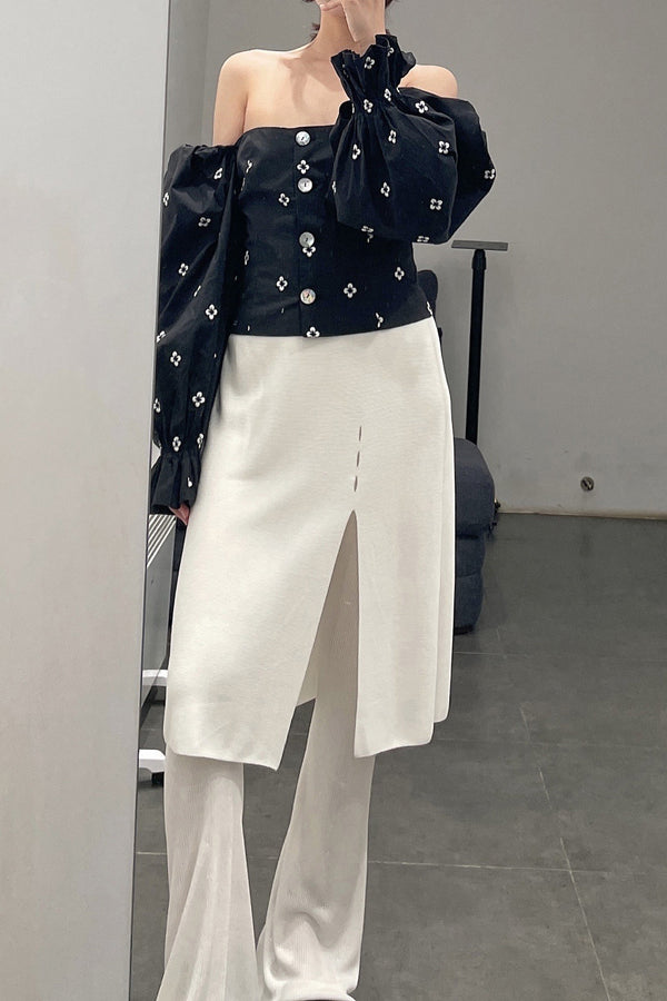 MING MA TO11-BKCN embroidered puff sleeve top